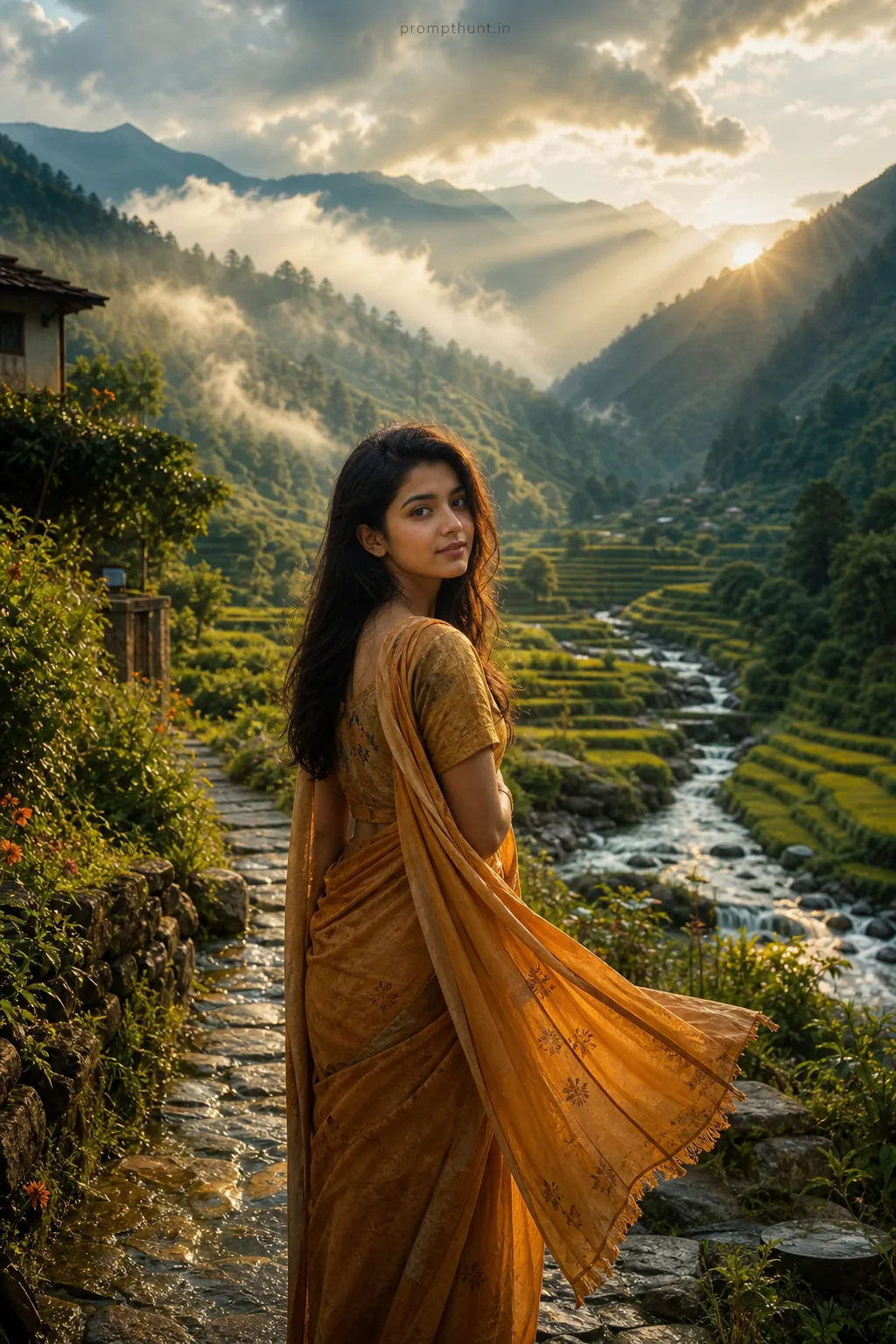 Monsoon Himalayan Valley Sunset Landscape AI Photo Editing Prompt — AI photo editing prompt