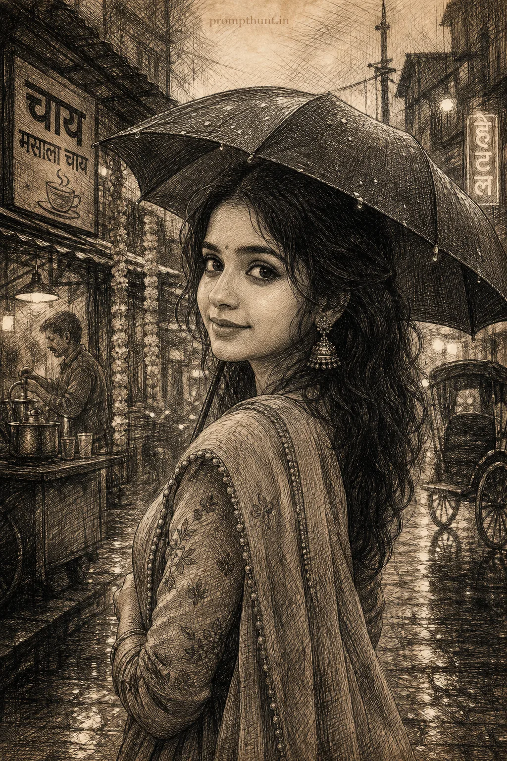 Vintage Cross-Hatching Monsoon Street AI Photo Editing Prompt — AI photo editing prompt